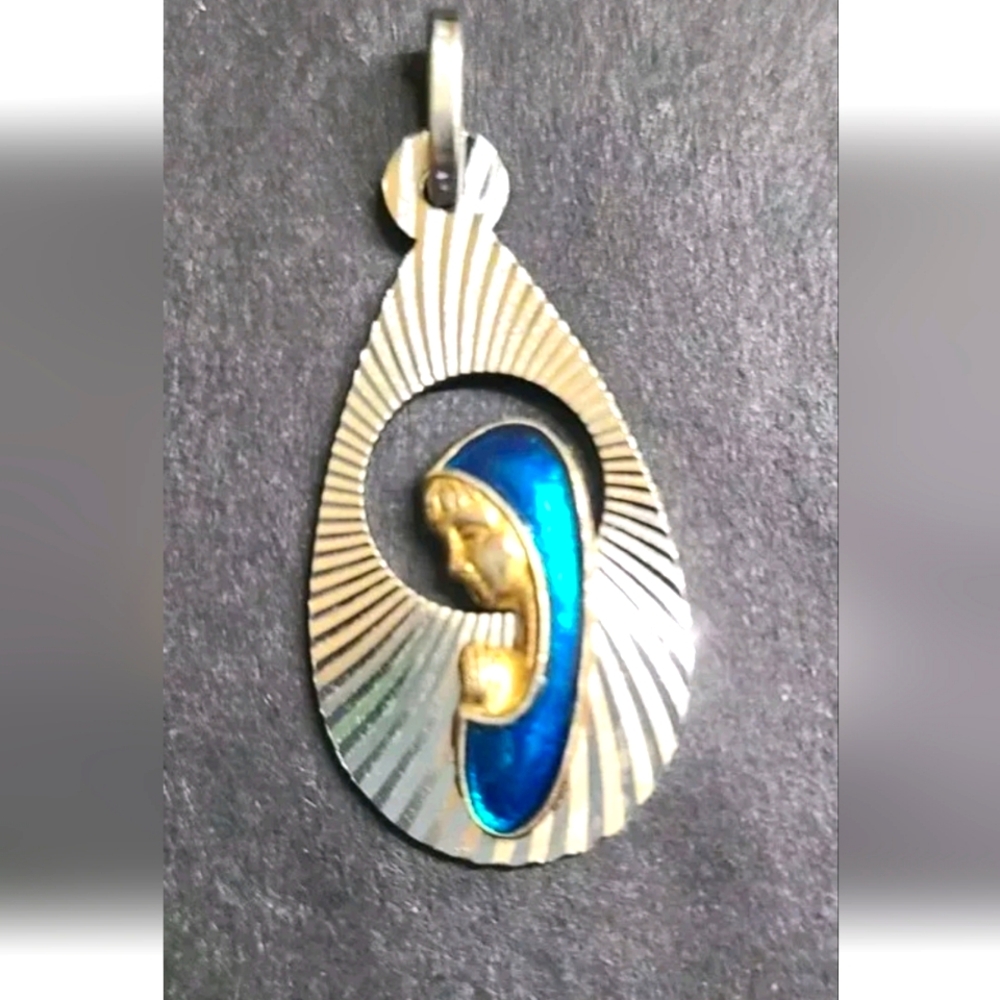 Vintage Pendant Religious Virgin Mary Sterling Silver & Cobalt Blue Enamel Italy